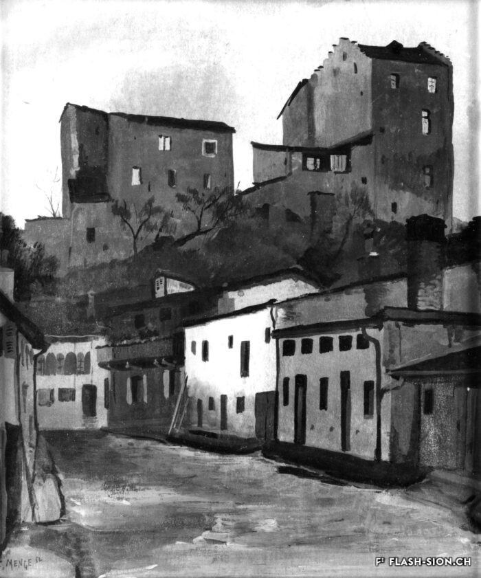 Peinture de Charles Menge représentant les abattoirs du quartier de la Majorie, 1952, provenance Edmond Imhoff © B. Dubuis, reproduction Archives de la Ville de Sion