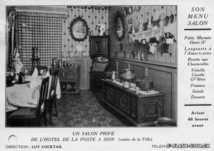 Hôtel de la Poste, lieu probable d’apprentissage de Joseph Favre dans les années 1860, salon privé de l’hôtel vers 1930, Archives de la Ville de Sion