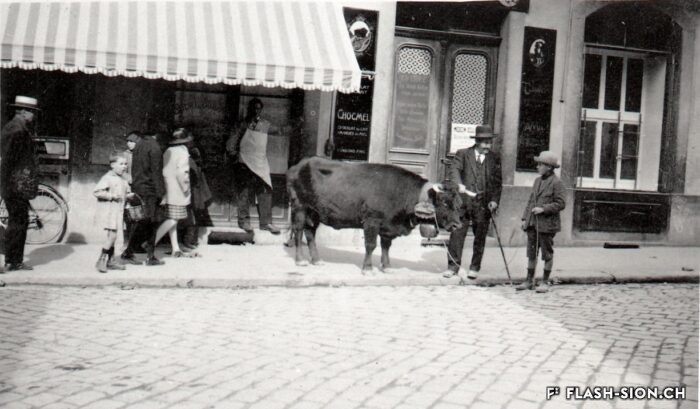 Une vache de la race d’Hérens devant la boucherie Lamon à la rue de Lausanne, 1925, provenance Fernand Lamon, reproduction Archives de la Ville de Sion