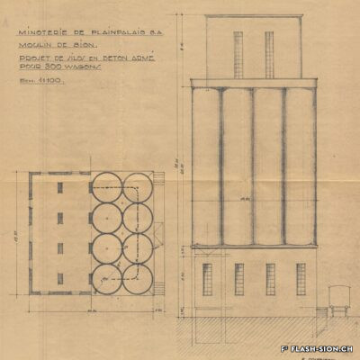 Plan pour le projet de silos en béton armé pour 300 wagons, F. Couchepin ingénieur, 1938, Archives de la Ville de Sion