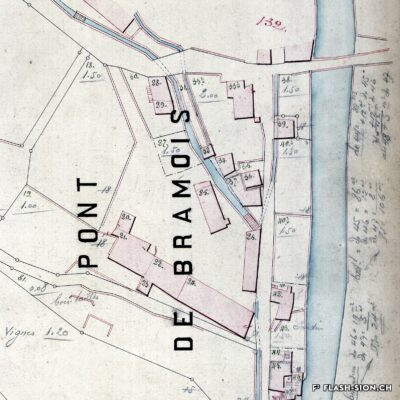L’emplacement de la Brasserie de Bramois, près de la Borgne sur un extrait du cadastre levé en 1875, Archives de la Ville de Sion