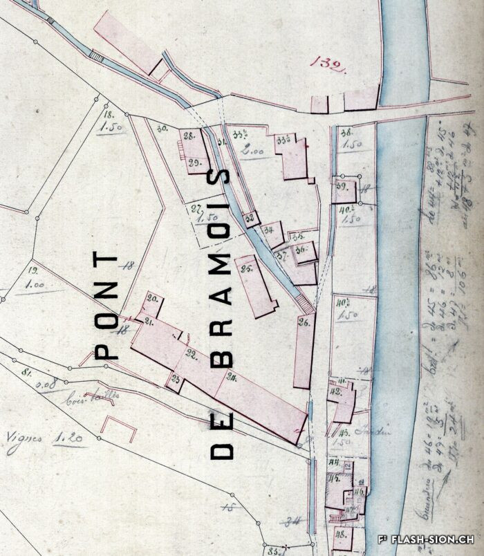 L’emplacement de la Brasserie de Bramois, près de la Borgne sur un extrait du cadastre levé en 1875, Archives de la Ville de Sion