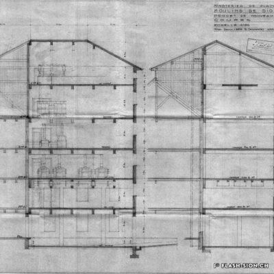 Plan pour un nouveau moulin au nord du bâtiment existant, R. Tronchet architecte, 1955, Archives de la Ville de Sion