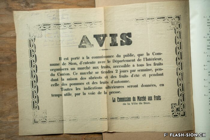 Avis de la Commission du Marché aux fruits de la Ville de Sion, 1918 © Pentamedia, Archives de la Ville de Sion