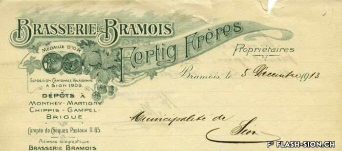En-tête de lettre de la Brasserie de Bramois reprise par les frères Fertig en 1890, Archives de la Ville de Sion