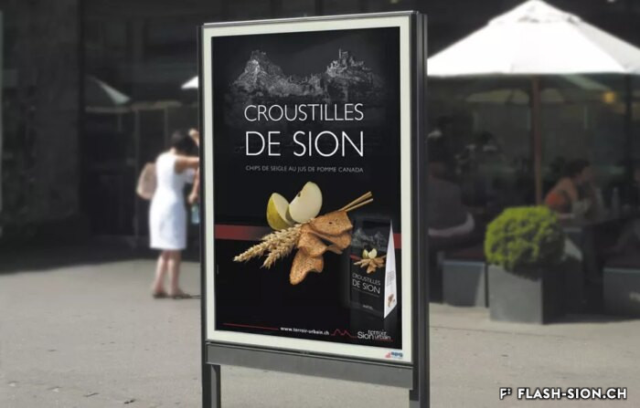 En 2011, les croustilles de Sion de la maison Zenhäusern sortent lauréates du concours lancé par Sion-terroir urbain et deviennent les ambassadrices de la ville gourmande, affiche 2011 © Eddy Pelfini