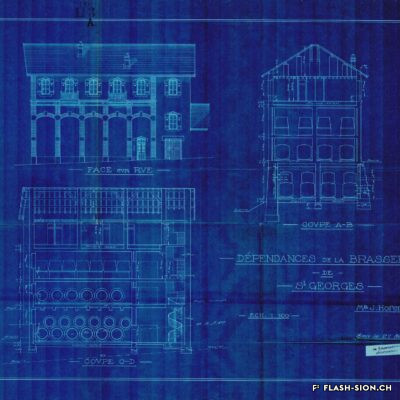 Plan des dépendances de la Brasserie Saint-Georges avec les cuves au sous-sol, de Kalbermatten architectes, 1911, Archives de la Ville de Sion