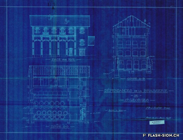 Plan des dépendances de la Brasserie Saint-Georges avec les cuves au sous-sol, de Kalbermatten architectes, 1911, Archives de la Ville de Sion
