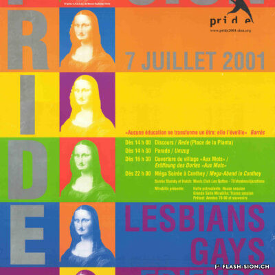 Affiche de la Lesbian and Gay Pride & Friends du 7 juillet 2001, Archives de la Ville de Sion