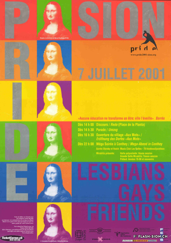 Affiche de la Lesbian and Gay Pride & Friends du 7 juillet 2001, Archives de la Ville de Sion