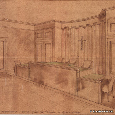Projet d’aménagement de la salle du tribunal du district de Sion, Reichenbach & CIE, fabrique de meubles Sion, 1948, Archives de la Ville de Sion