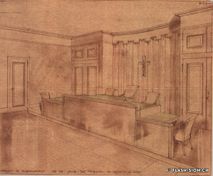 Projet d’aménagement de la salle du tribunal du district de Sion, Reichenbach & CIE, fabrique de meubles Sion, 1948, Archives de la Ville de Sion