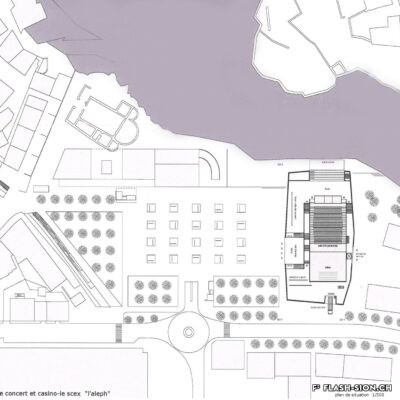 « L’aleph, » projet lauréat du concours d’architecture pour une salle de concert et casino de jeux de hasard à la place du Scex, situation, 2001 © Galletti&Matter architectes, Archives de la Ville de Sion