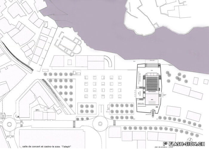 « L’aleph, » projet lauréat du concours d’architecture pour une salle de concert et casino de jeux de hasard à la place du Scex, situation, 2001 © Galletti&Matter architectes, Archives de la Ville de Sion