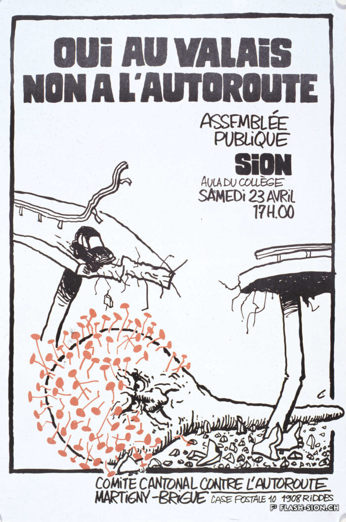 Affiche pour une assemblée publique du comité cantonal contre l’autoroute, 1977 © Martial Leiter, Médiathèque Valais - Sion