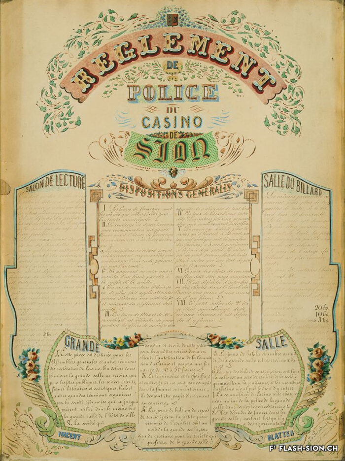 Règlement de police du Casino, tableau de Vincent Blatter, 1865. Archives de la Bourgeoisie de Sion © reproduction Michel Martinez