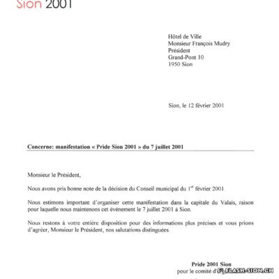 Malgré l’invitation à renoncer, le comité réaffirme sa volonté d’organiser une Gay Pride à Sion, 2001, Archives de la Ville de Sion