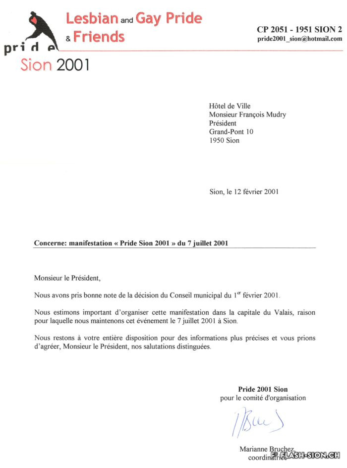 Malgré l’invitation à renoncer, le comité réaffirme sa volonté d’organiser une Gay Pride à Sion, 2001, Archives de la Ville de Sion