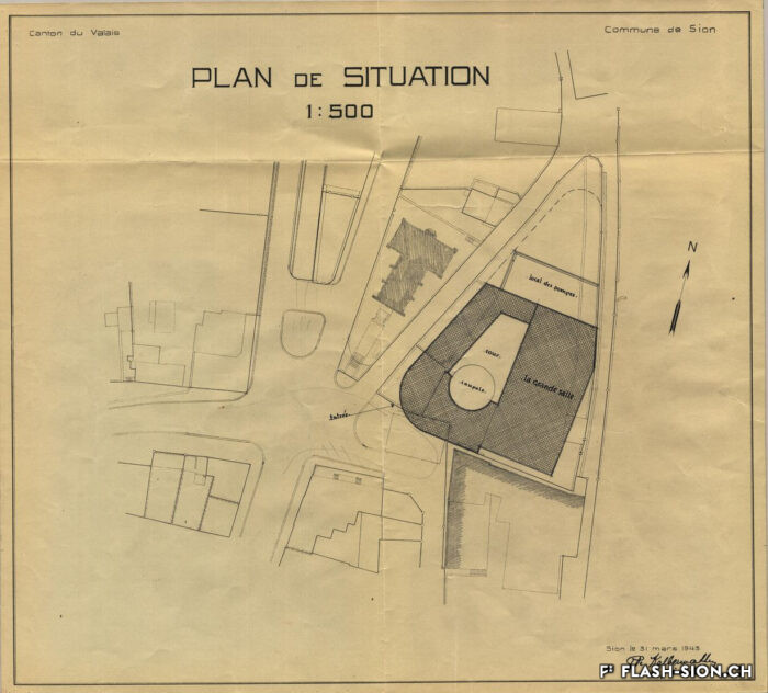 Initiative privée pour la construction d’une grande salle de spectacle à St-Georges, abandonnée peu après le début des travaux, Charles Velatta, 1943, Archives de la Ville de Sion