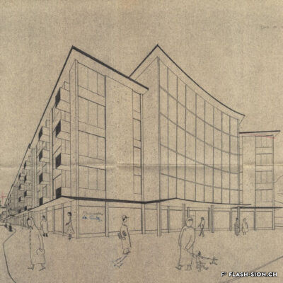 Complexe de la Matze, perspective bâtiment de tête avec entrée salle et façade nord, R. Tronchet architecte, 1954, Archives de la Ville de Sion