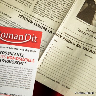 En mars 2001, l’association RomanDit lance une pétition contre la Gay Pride et publie une page dans le Nouvelliste © Pentamedia, Archives de la Ville de Sion, 2023