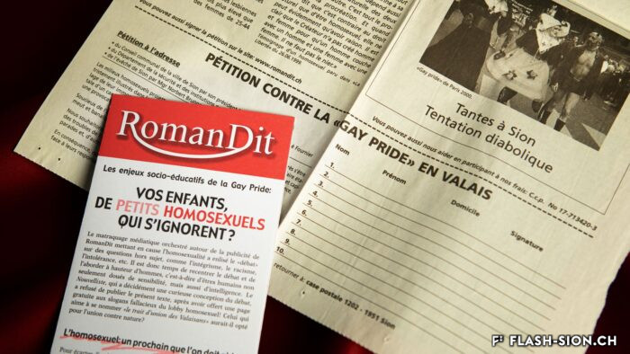 En mars 2001, l’association RomanDit lance une pétition contre la Gay Pride et publie une page dans le Nouvelliste © Pentamedia, Archives de la Ville de Sion, 2023