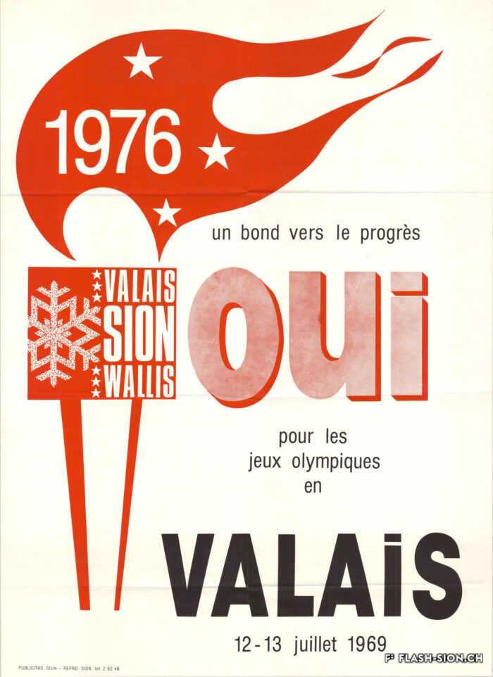 « Un bond vers le progrès OUI pour les Jeux Olympiques en Valais », affiche de 1969 pour les Jeux Olympiques 1976, Archives de la Ville de Sion