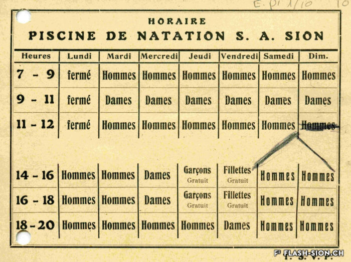 Horaire de la piscine, 1924-1926, Archives de la Ville de Sion