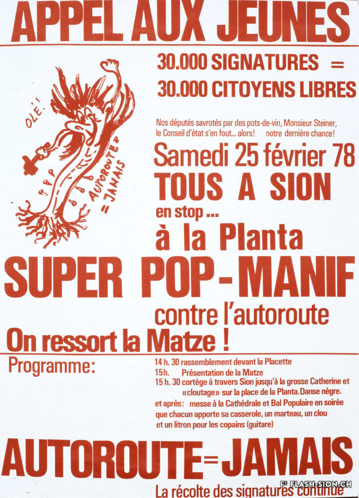 Affiche de la « Super Pop - Manif - Autoroute-Jamais » du Comité contre le suréquipement, 25 février 1978, Médiathèque Valais - Martigny
