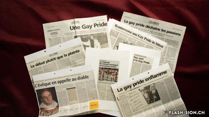 Echantillon d’articles pour ou contre la Gay Pride qui déferlent dans la presse entre mars et juillet 2001 © Pentamedia, Archives de la Ville de Sion, 2023