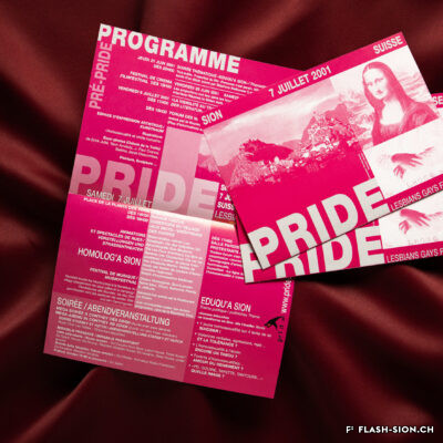 Programme de la Lesbian and Gay Pride & Friends tenue à Sion le 7 juillet 2001 © Pentamedia, Archives de la Ville de Sion, 2023