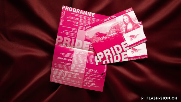 Programme de la Lesbian and Gay Pride & Friends tenue à Sion le 7 juillet 2001 © Pentamedia, Archives de la Ville de Sion, 2023
