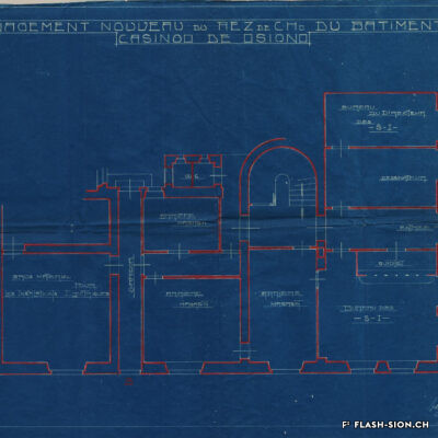 Aménagement nouveau du rez-de-chaussée du bâtiment du Casino de Sion, locaux du Service industriel, A. de Kalbermatten architecte, 1912, Archives de la Ville de Sion