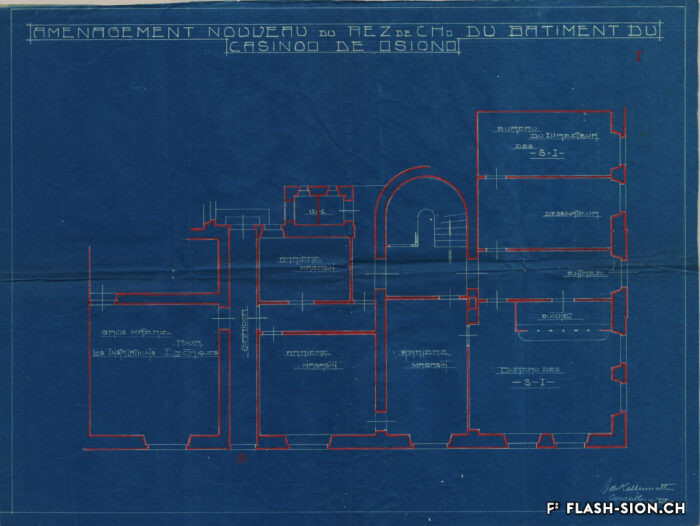 Aménagement nouveau du rez-de-chaussée du bâtiment du Casino de Sion, locaux du Service industriel, A. de Kalbermatten architecte, 1912, Archives de la Ville de Sion