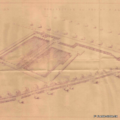 Piscine de Sion, perspective du projet d’agrandissement, Joseph Dufour, architecte, 1934, Archives de la Ville de Sion