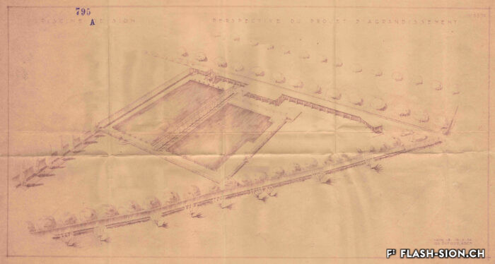 Piscine de Sion, perspective du projet d’agrandissement, Joseph Dufour, architecte, 1934, Archives de la Ville de Sion