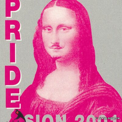 Les Vins Maurice Gay, l’un des principaux sponsors de la Pride en 2001, réalisent une étiquette spéciale pour l’occasion, un engagement sur le ton de l’humour initié par le directeur Claude Crittin, Médiathèque Valais-Sion, collection Nicolas Bodenmüller