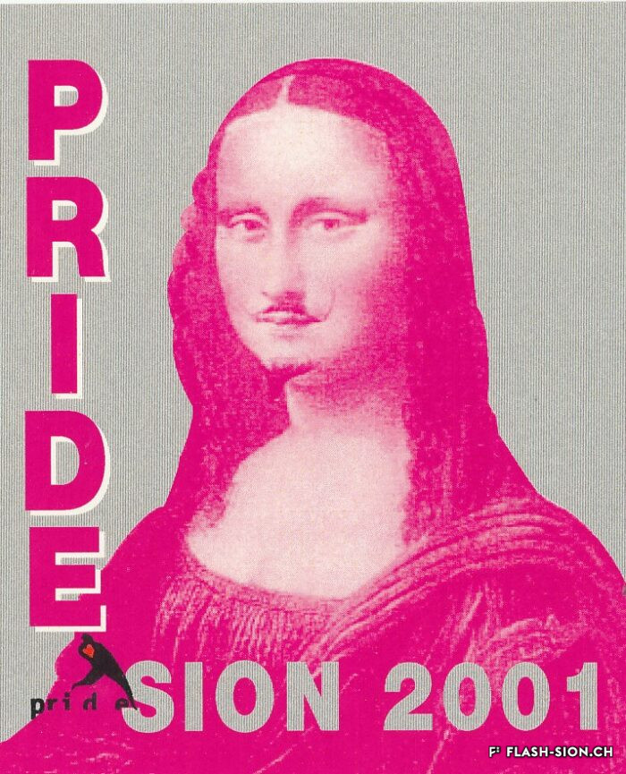 Les Vins Maurice Gay, l’un des principaux sponsors de la Pride en 2001, réalisent une étiquette spéciale pour l’occasion, un engagement sur le ton de l’humour initié par le directeur Claude Crittin, Médiathèque Valais-Sion, collection Nicolas Bodenmüller