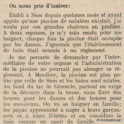 « A propos de la piscine », Journal et feuille d’avis du Valais, 13 juillet 1933