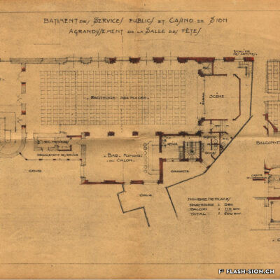 Bâtiment des Services publics et Casino de Sion, agrandissement de la salle des fêtes, projet I. C., A. de Kalbermatten architecte, 1926, Archives de la Ville de Sion