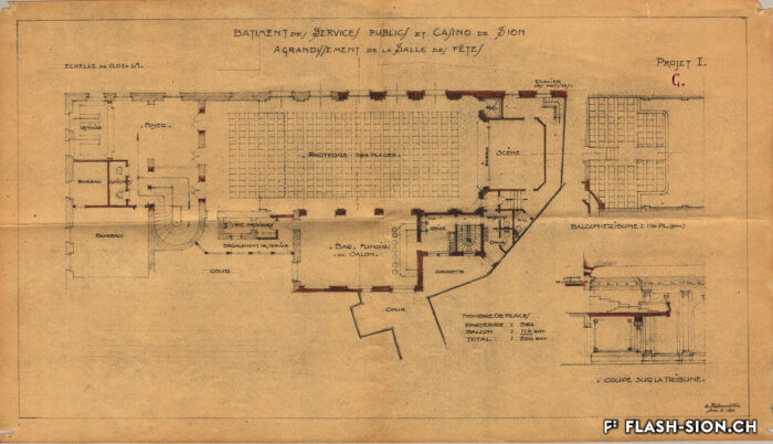 Bâtiment des Services publics et Casino de Sion, agrandissement de la salle des fêtes, projet I. C., A. de Kalbermatten architecte, 1926, Archives de la Ville de Sion