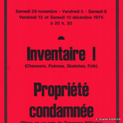 Affiche des premiers spectacles du Petithéâtre, 29 novembre – 13 décembre 1975, Archives de la Ville de Sion, fonds du Petithéâtre