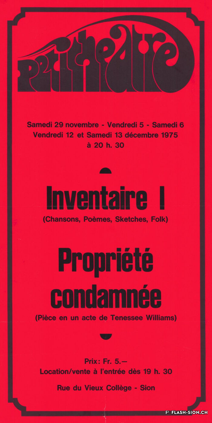 Affiche des premiers spectacles du Petithéâtre, 29 novembre – 13 décembre 1975, Archives de la Ville de Sion, fonds du Petithéâtre