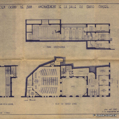 Ancien Casino, aménagement de la Salle du Grand Conseil, A. de Kalbermatten architecte, 1937, Archives de la Ville de Sion