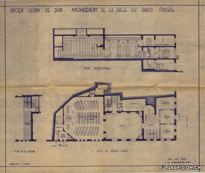 Ancien Casino, aménagement de la Salle du Grand Conseil, A. de Kalbermatten architecte, 1937, Archives de la Ville de Sion