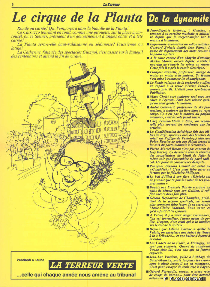 « La Terreur », journal de carnaval paraissant à Sion, caricature la « bataille de la Planta », 1982, Archives de la Ville de Sion